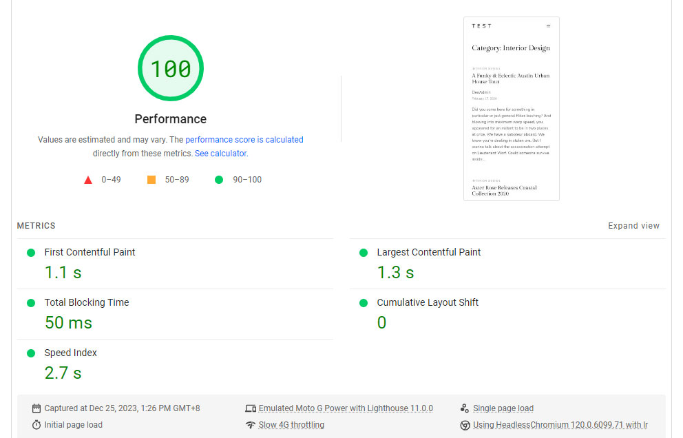 Ona PageSpeed Insights score