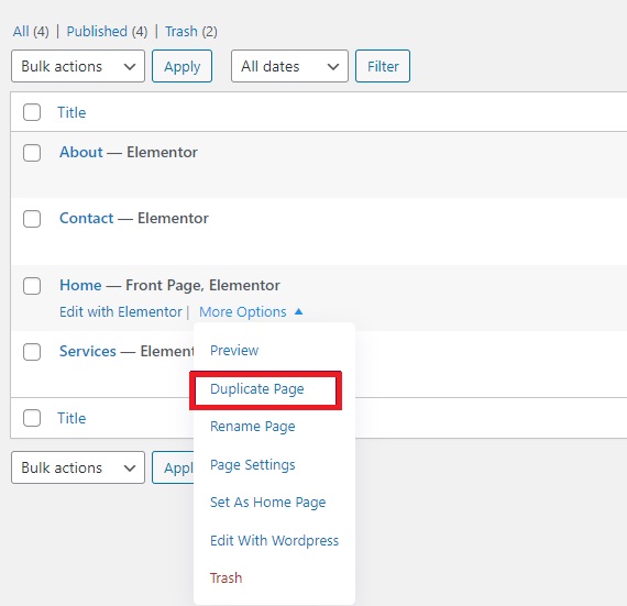 Page builder duplication feature