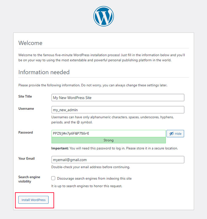 wordpress-installation-credentials-screen
