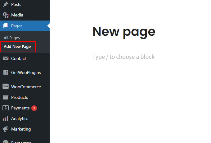 WordPress create a new page